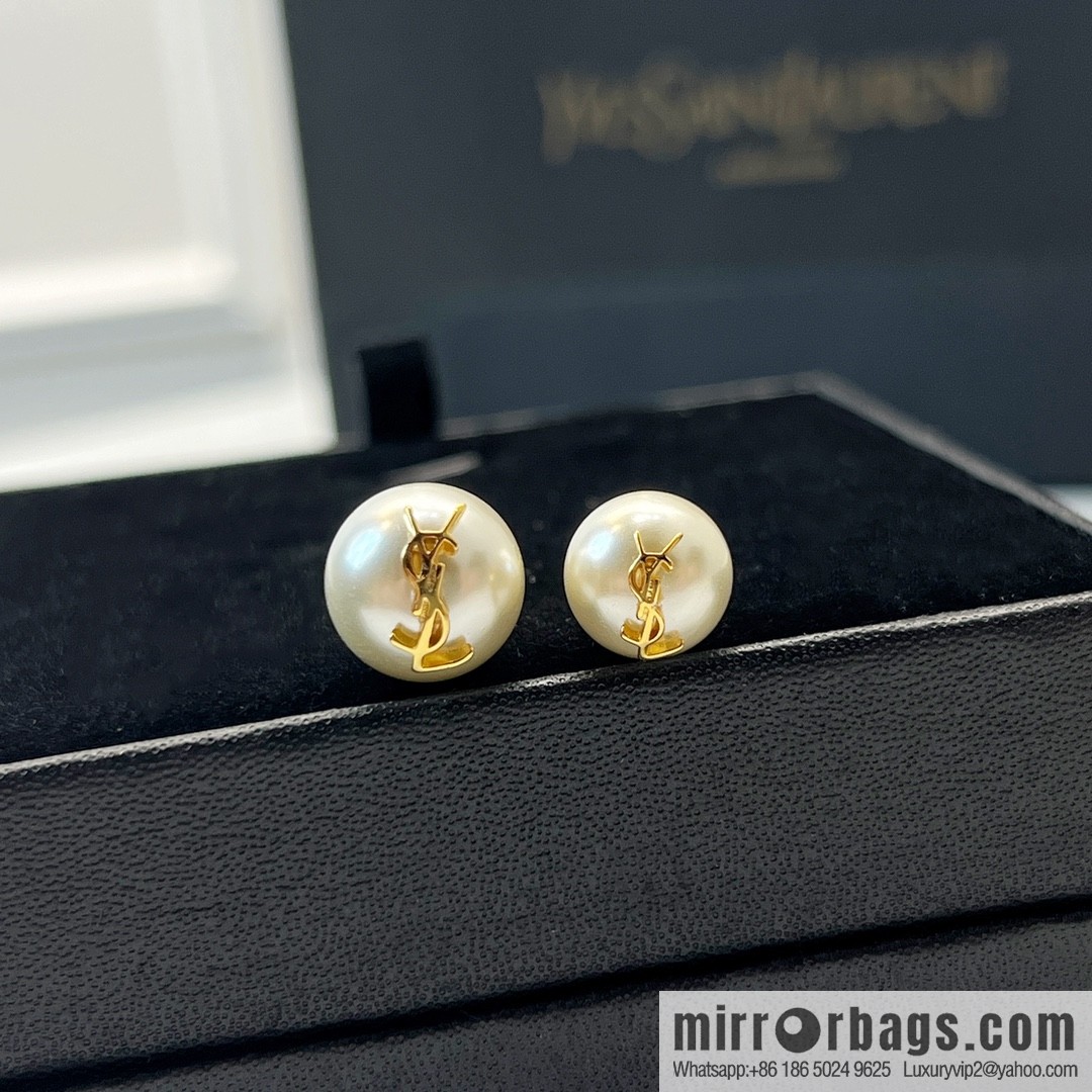 Saint Laurent YSL asymmetric pearl stud earrings