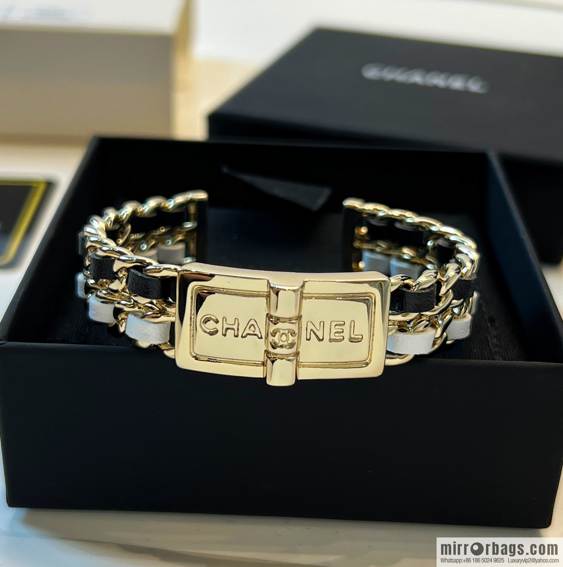 New ☑️ CHANEL Chanel double c black and white leather rope open bracelet