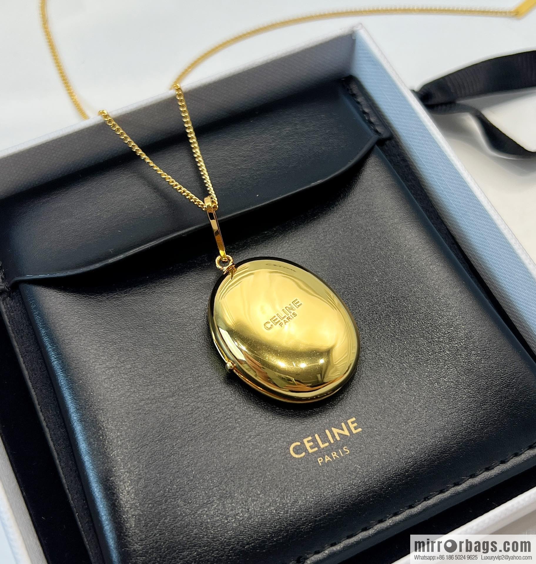 Celine gold oval double mirror necklace