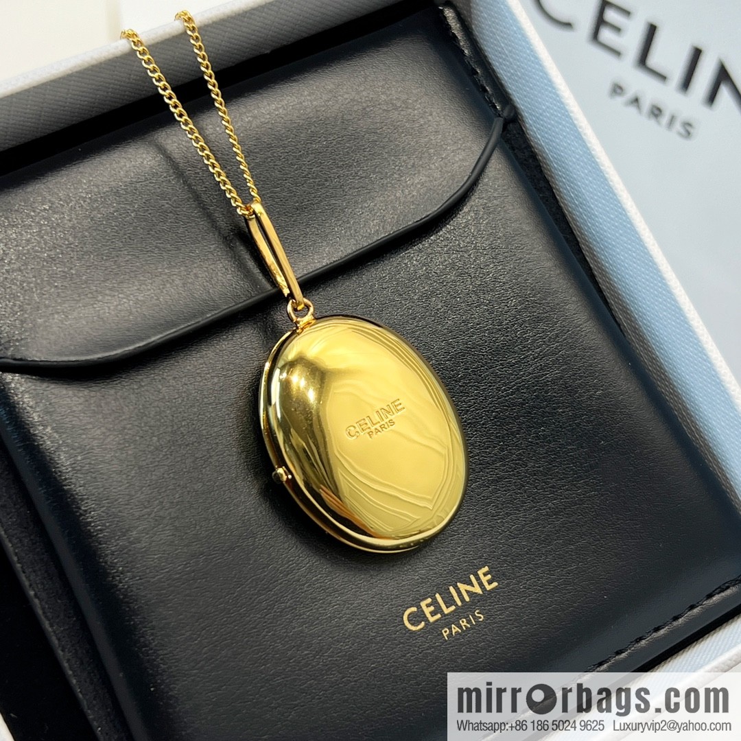 Celine gold oval double mirror necklace