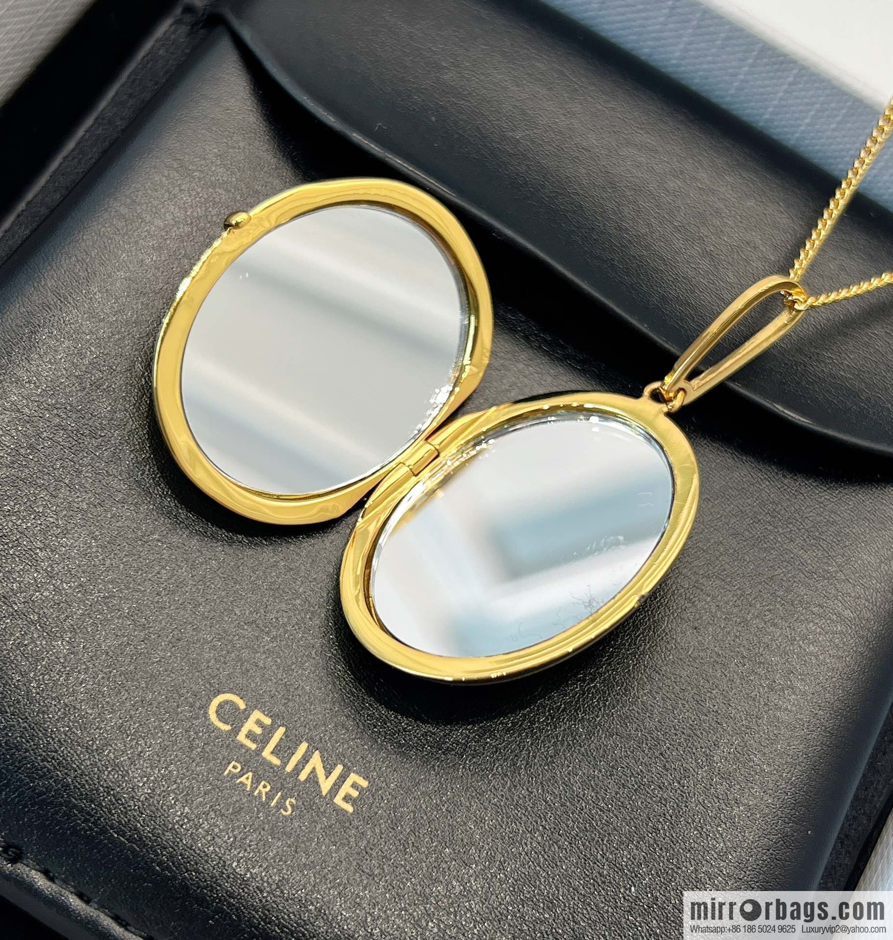 Celine gold oval double mirror necklace