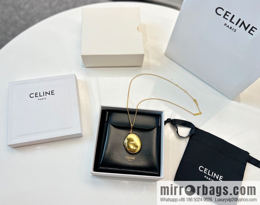 Celine gold oval double mirror necklace