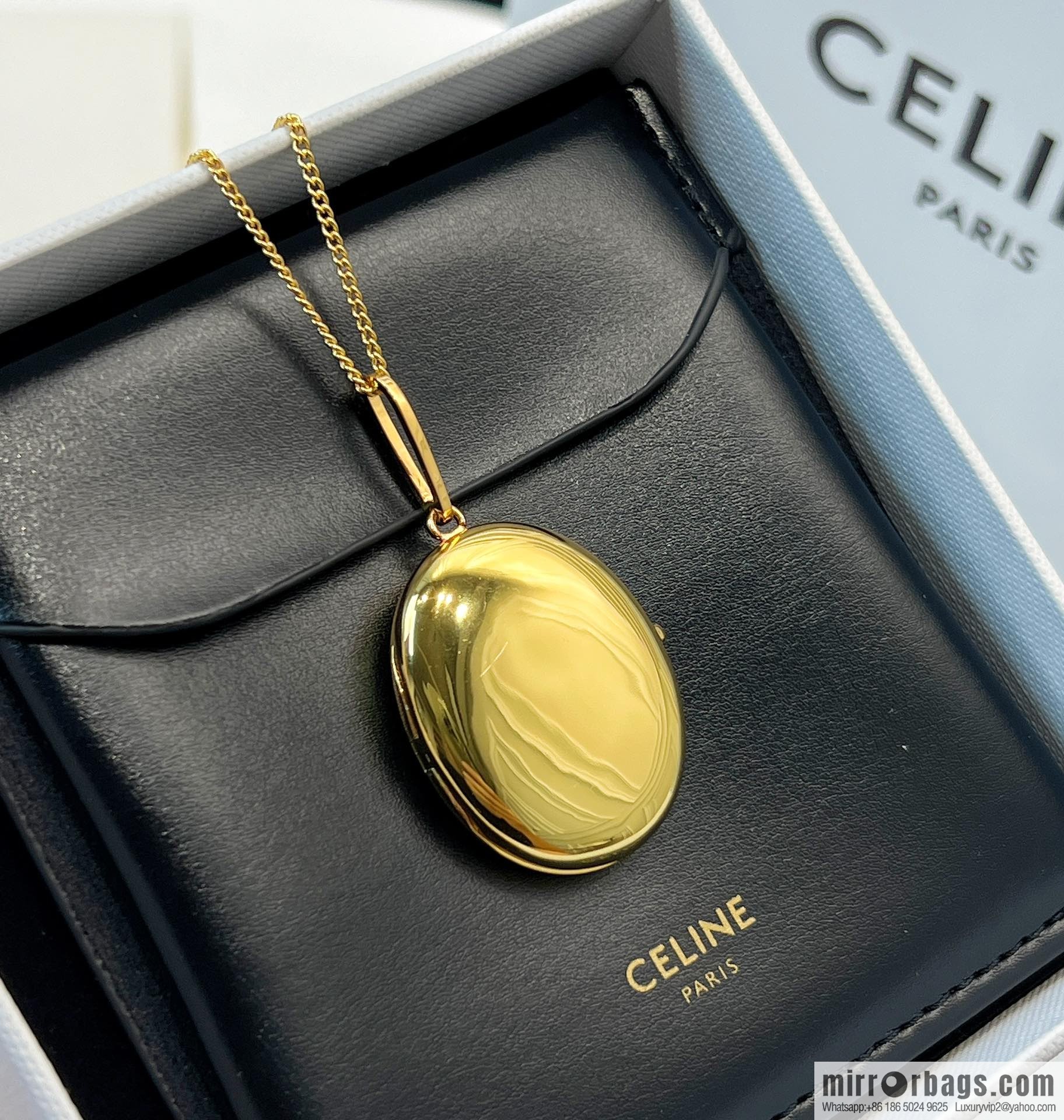 Celine gold oval double mirror necklace