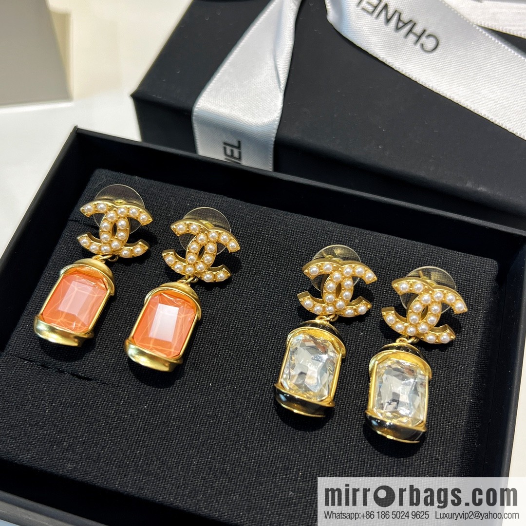 New ☑️ CHANEL Chanel c2 double c pink square diamond pearl stud earrings