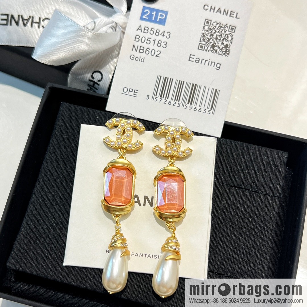 New ☑️ CHANEL Chanel c3 double c pink square diamond pearl stud earrings