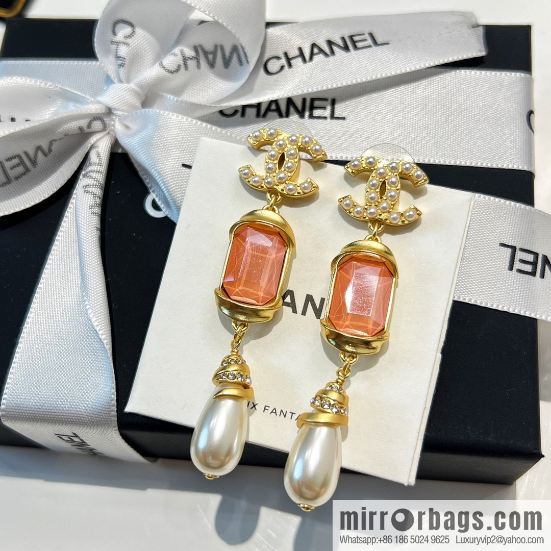 New ☑️ CHANEL Chanel c3 double c pink square diamond pearl stud earrings