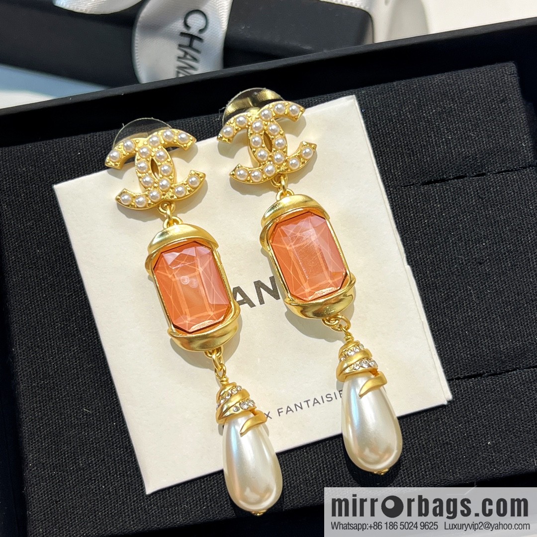 New ☑️ CHANEL Chanel c3 double c pink square diamond pearl stud earrings