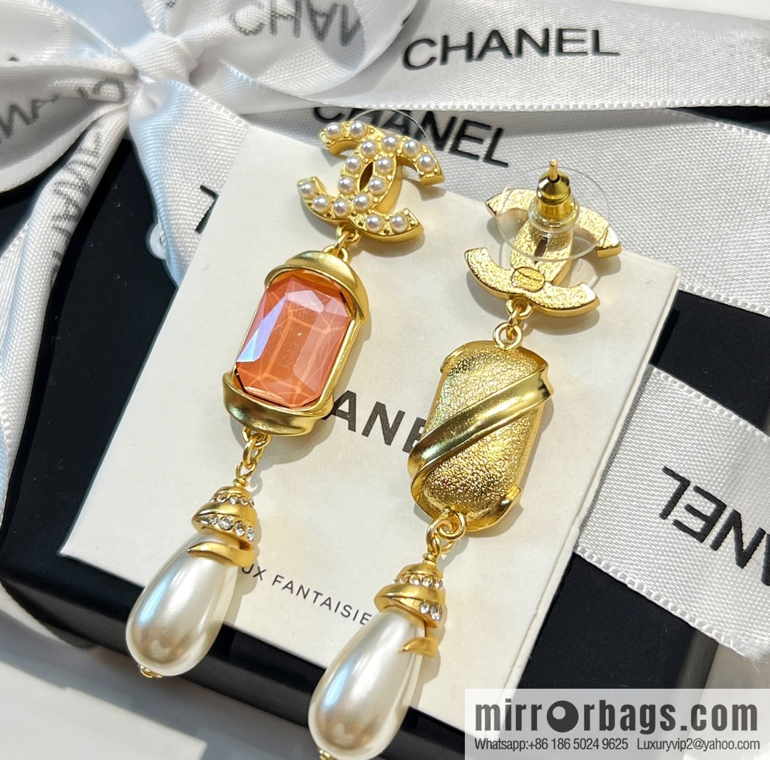 New ☑️ CHANEL Chanel c3 double c pink square diamond pearl stud earrings