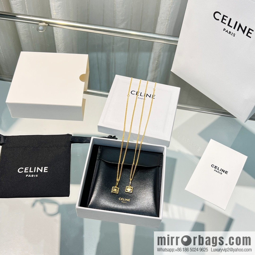 New Celine gold Arc de Triomphe peach heart stud earrings necklace