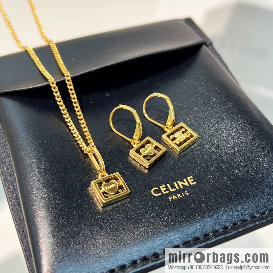 New Celine gold Arc de Triomphe peach heart stud earrings necklace