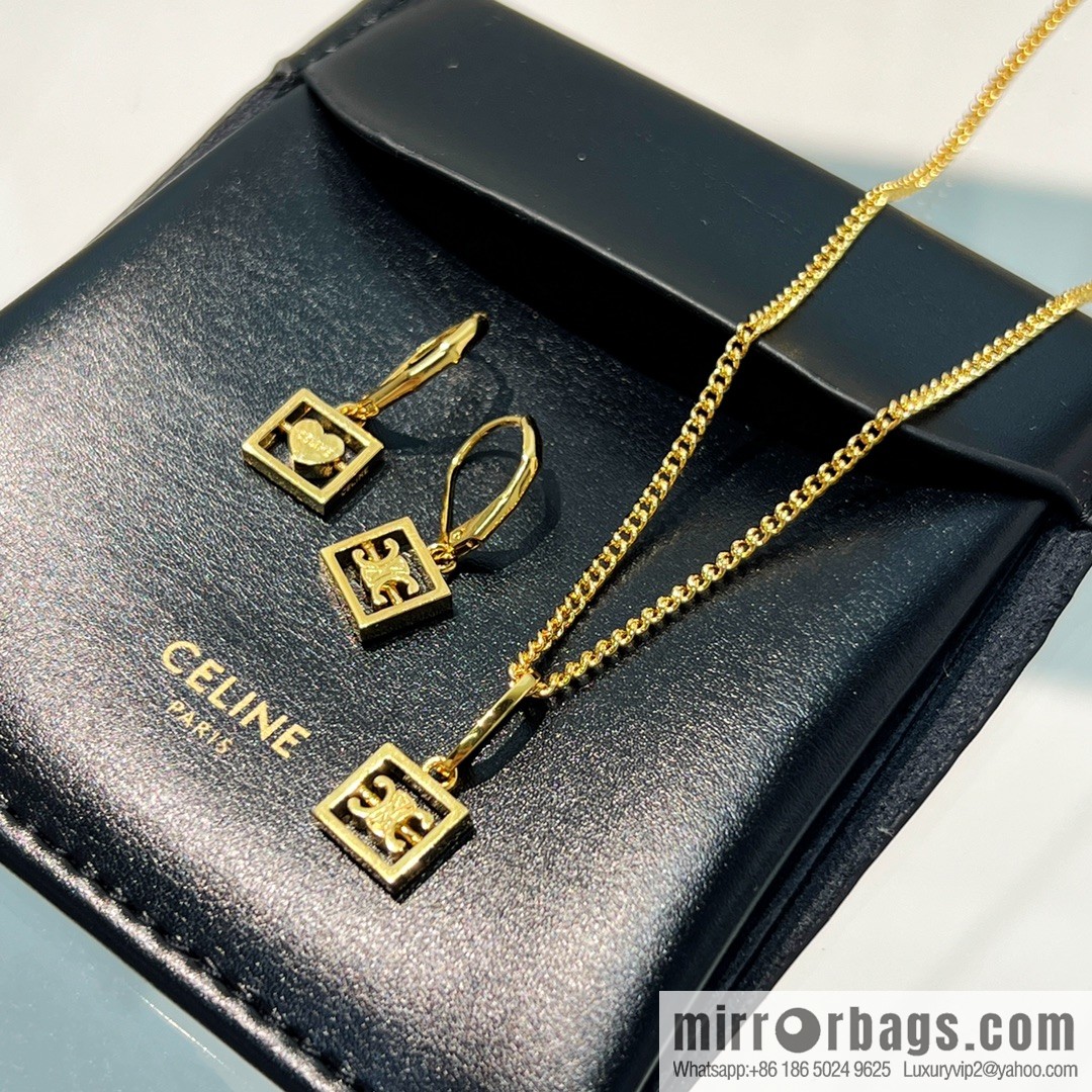 New Celine gold Arc de Triomphe peach heart stud earrings necklace