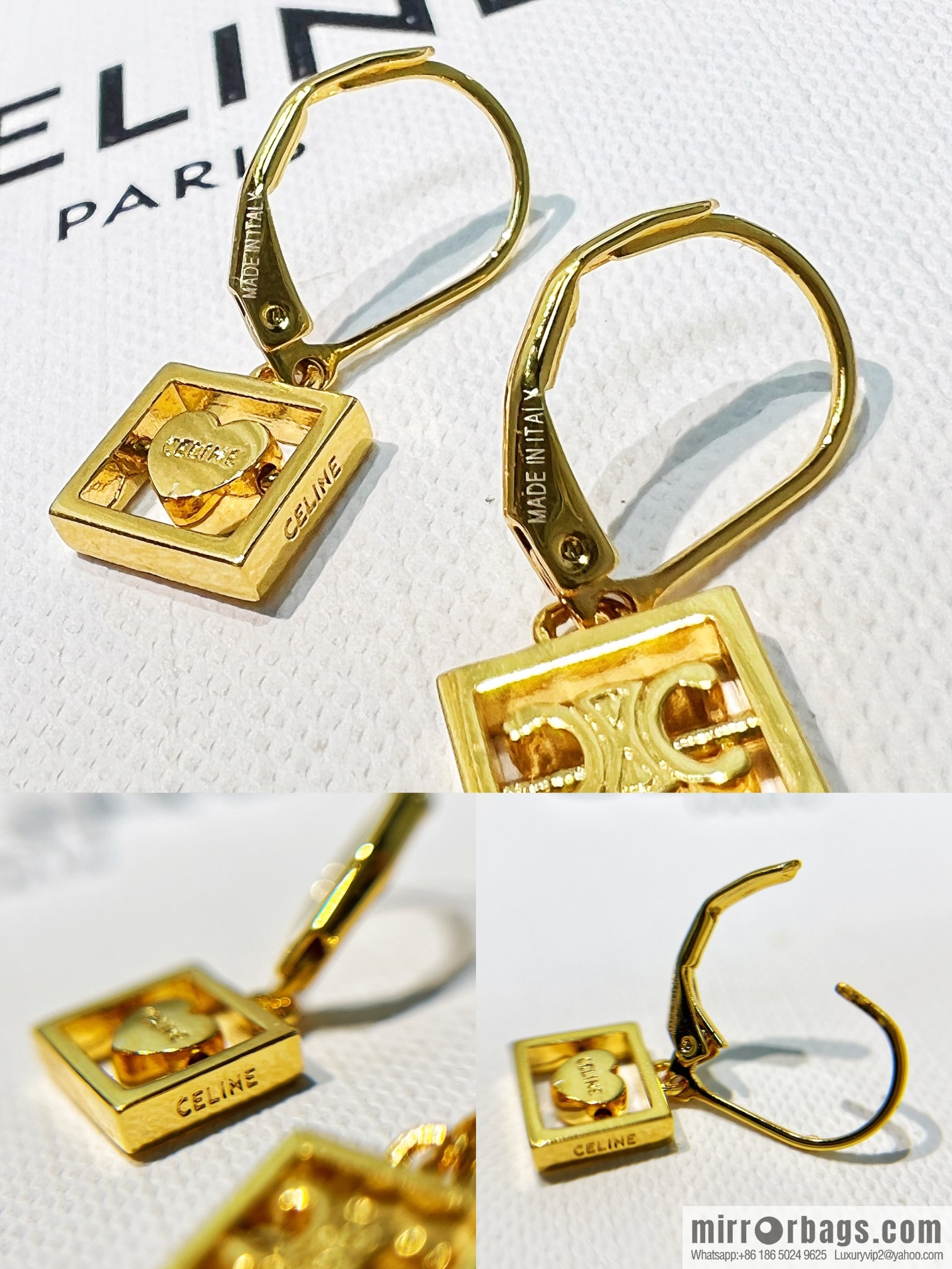 New Celine gold Arc de Triomphe peach heart stud earrings