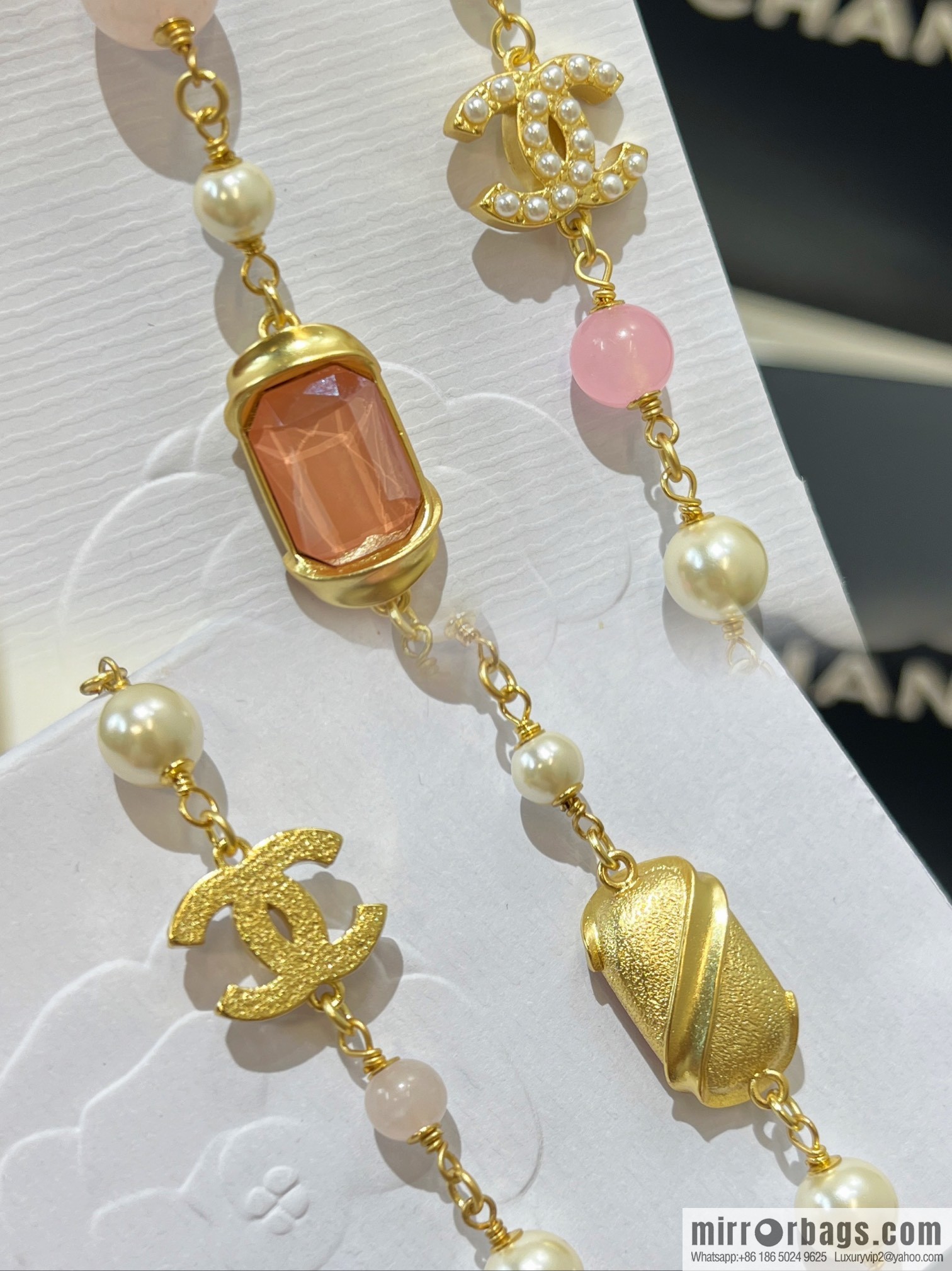 New ☑️ CHANEL Chanel Double C Color Pearl Necklace Sweater Chain