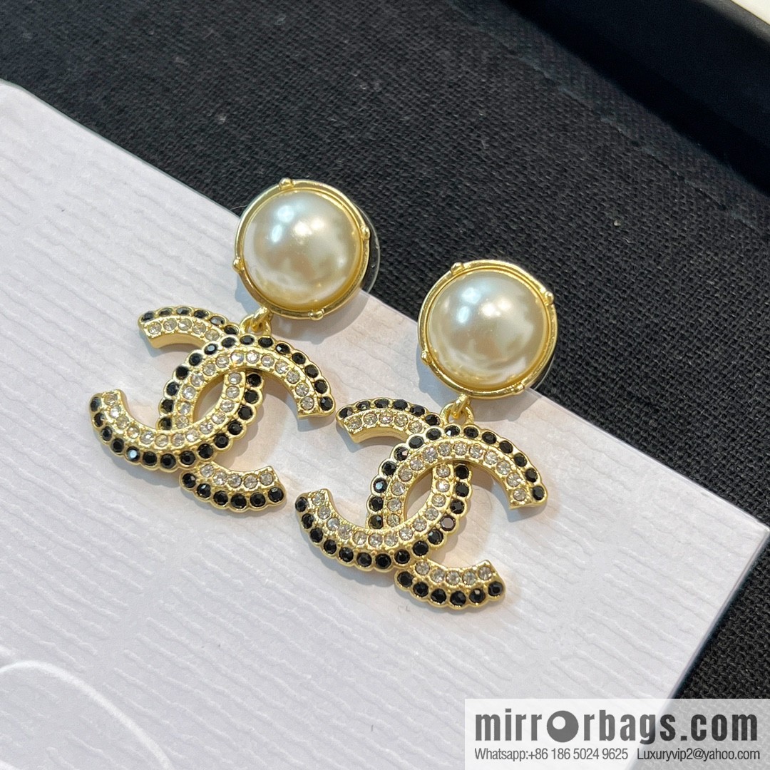 New ☑️ CHANEL Chanel c2 double c pearl black diamond stud earrings