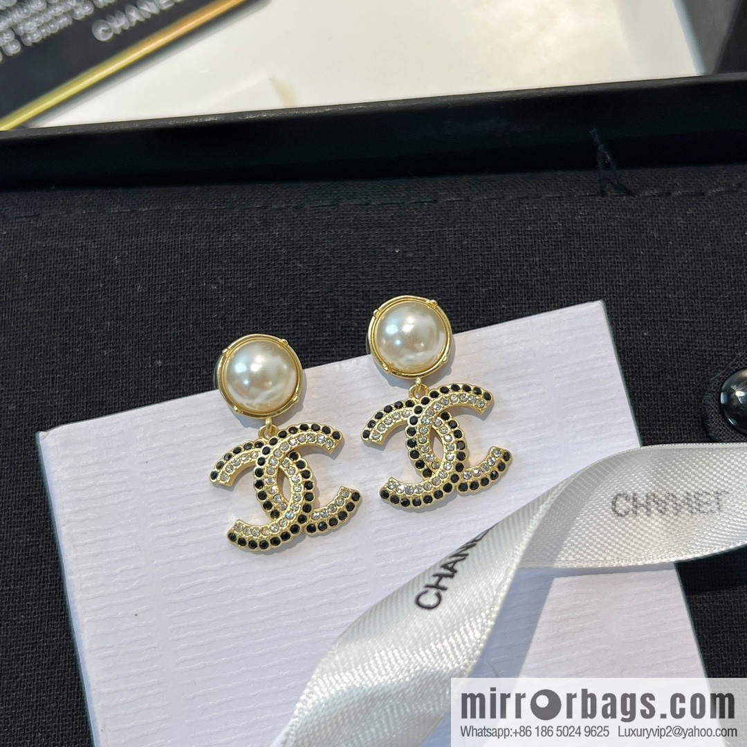 New ☑️ CHANEL Chanel c2 double c pearl black diamond stud earrings