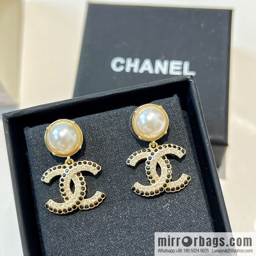 New ☑️ CHANEL Chanel c2 double c pearl black diamond stud earrings