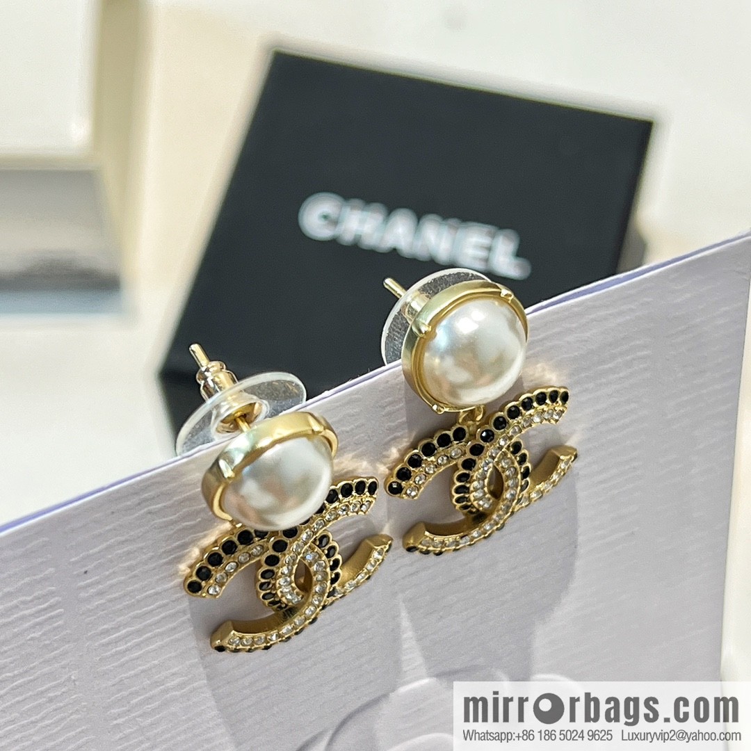 New ☑️ CHANEL Chanel c2 double c pearl black diamond stud earrings