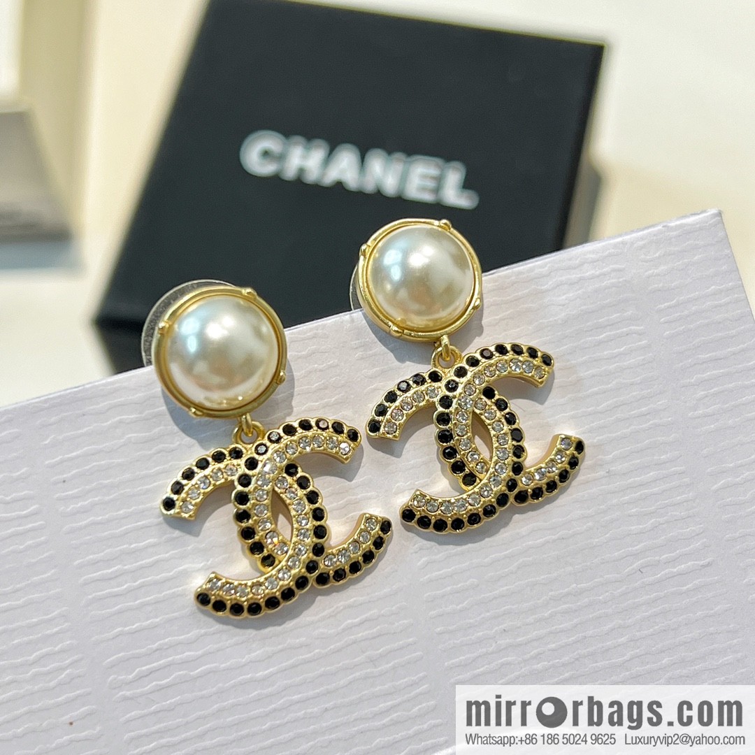 New ☑️ CHANEL Chanel c2 double c pearl black diamond stud earrings