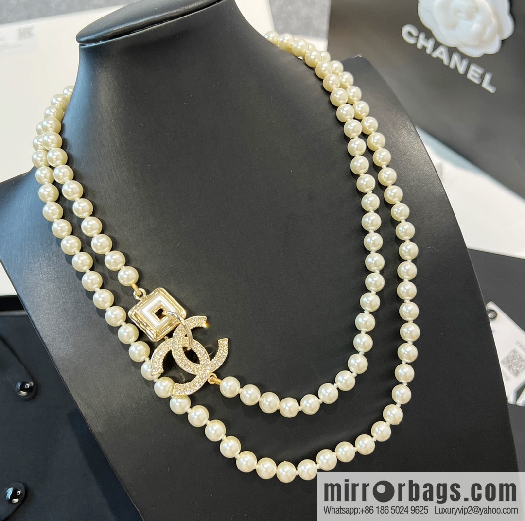 New ☑️ CHANEL Chanel double c full diamond pearl sweater chain necklace