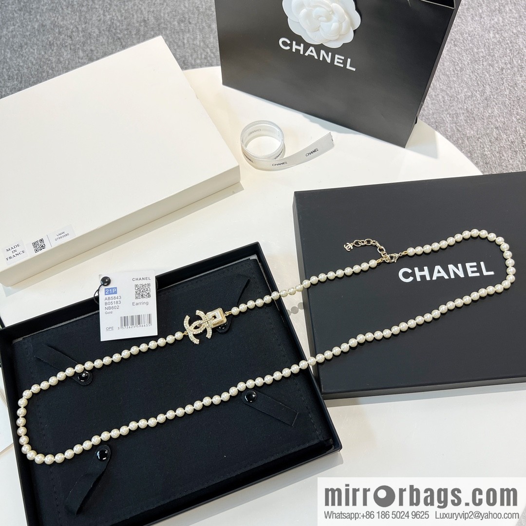 New ☑️ CHANEL Chanel double c full diamond pearl sweater chain necklace