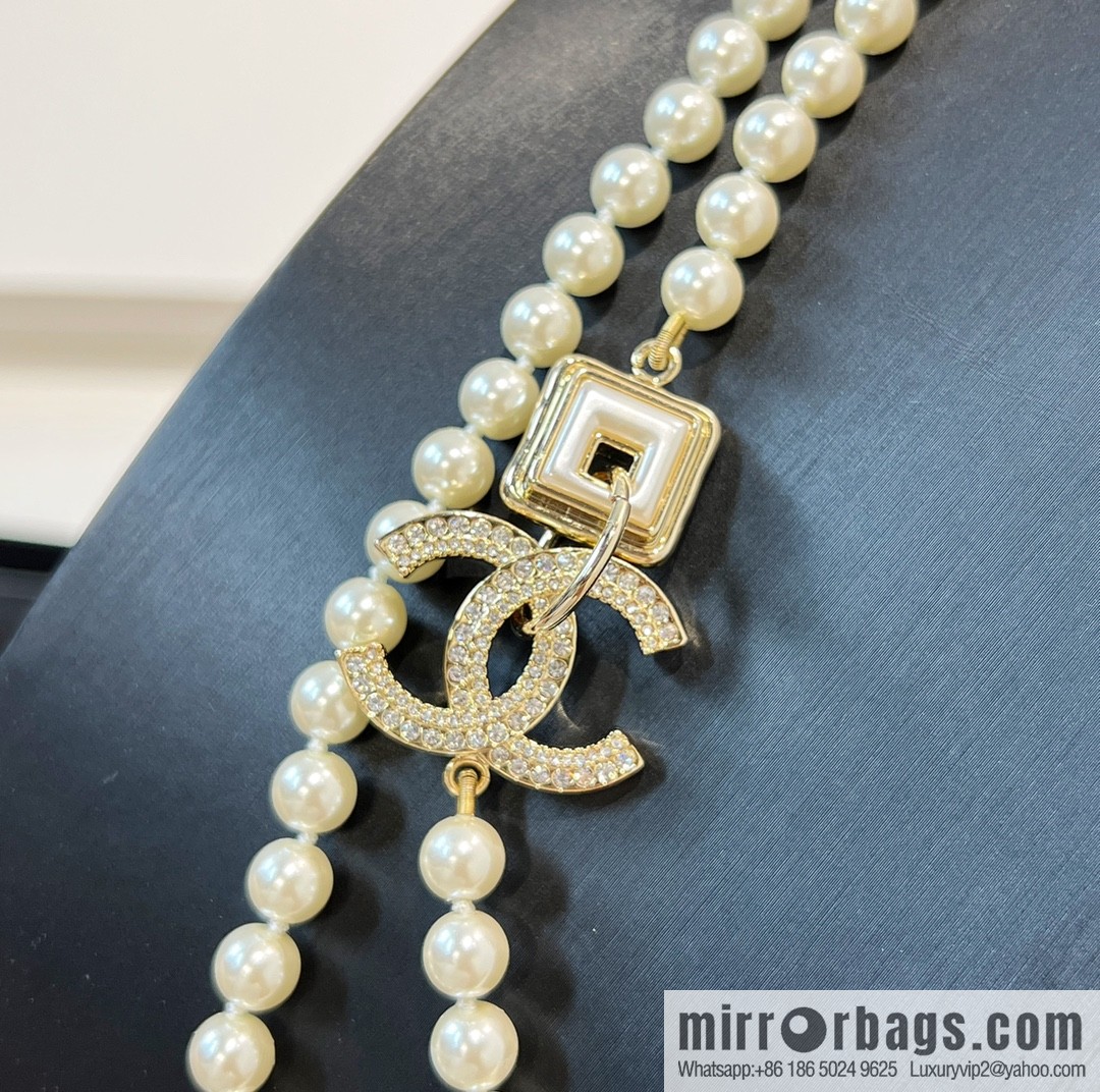 New ☑️ CHANEL Chanel double c full diamond pearl sweater chain necklace