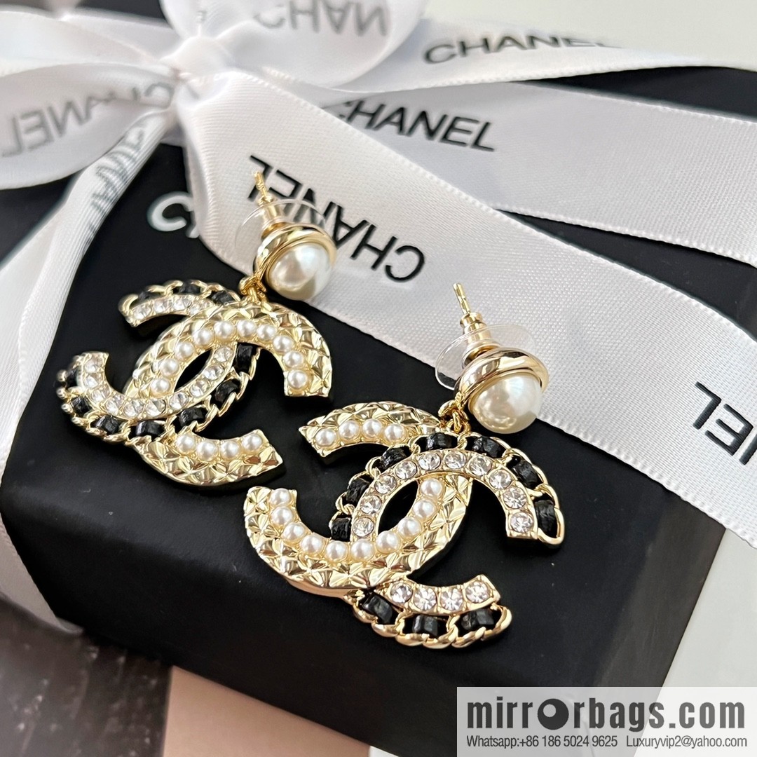 New ☑️ CHANEL Chanel c2 double c black leather rope pearl stud earrings