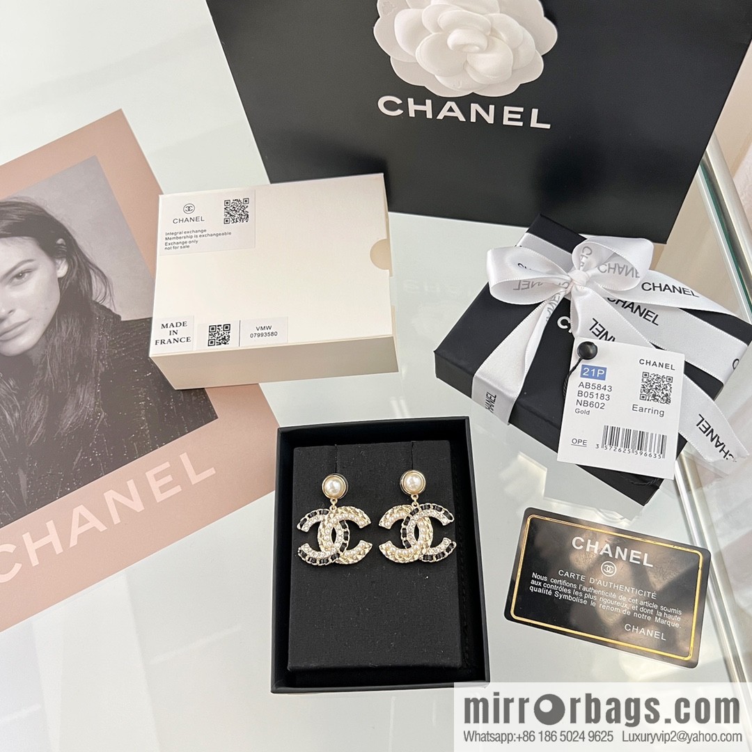 New ☑️ CHANEL Chanel c2 double c black leather rope pearl stud earrings