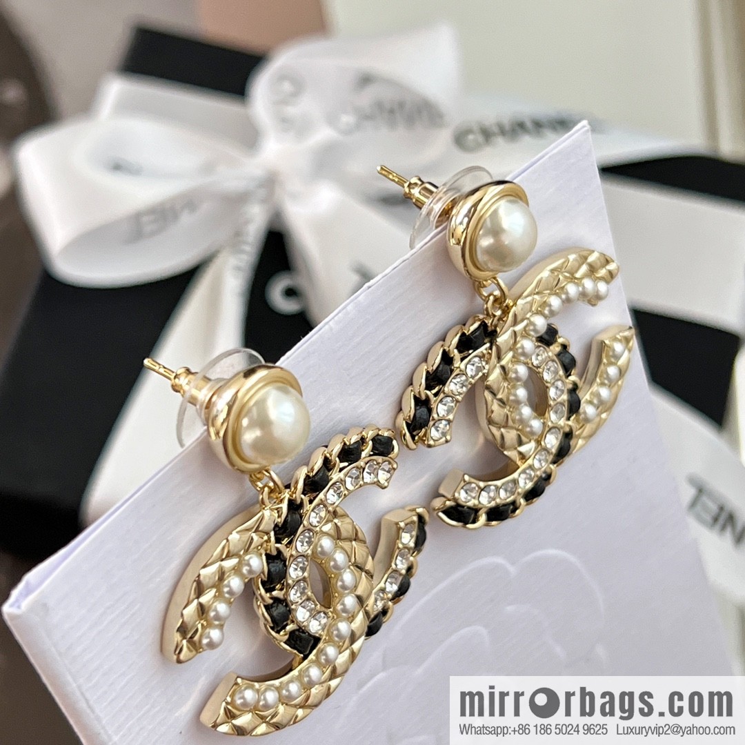 New ☑️ CHANEL Chanel c2 double c black leather rope pearl stud earrings