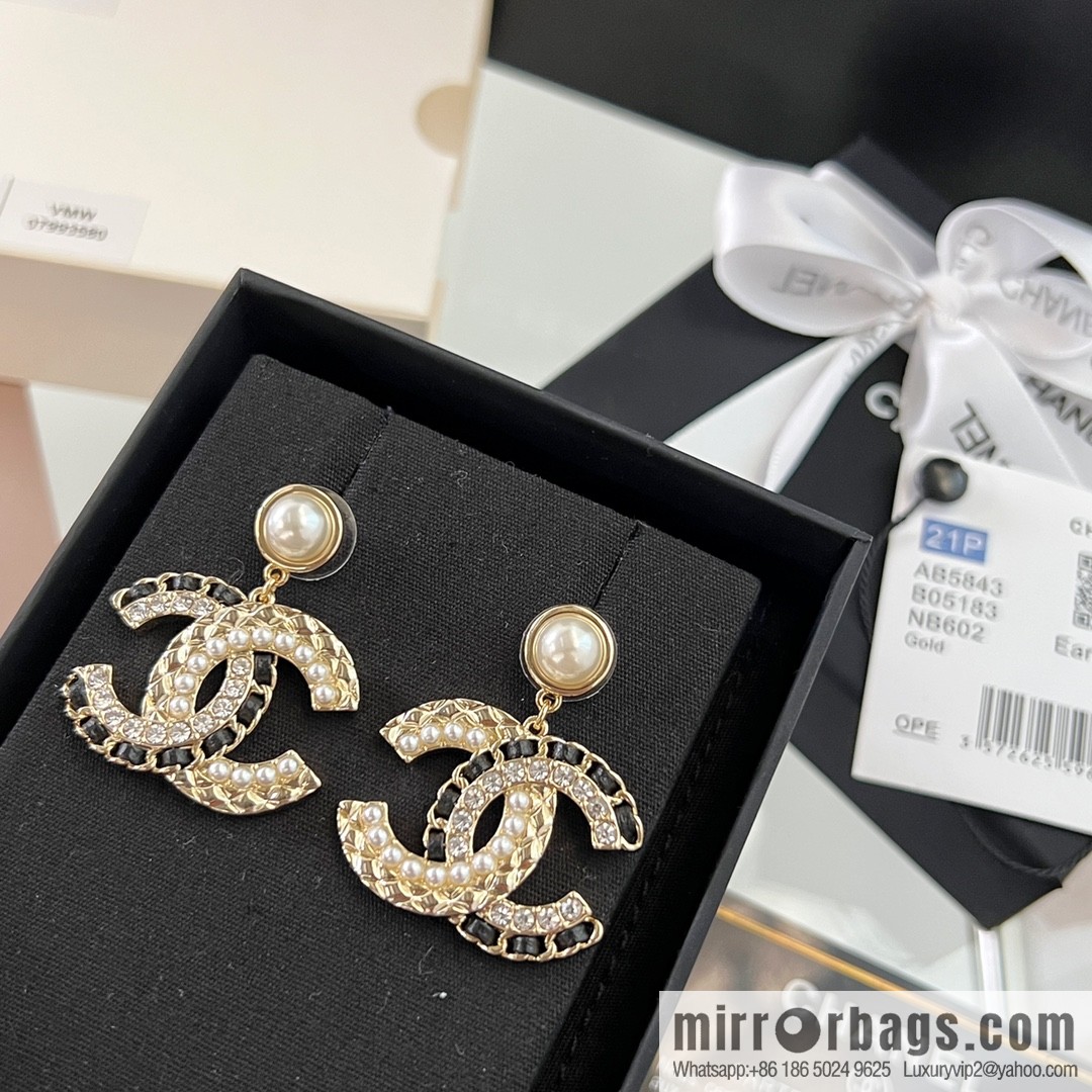 New ☑️ CHANEL Chanel c2 double c black leather rope pearl stud earrings