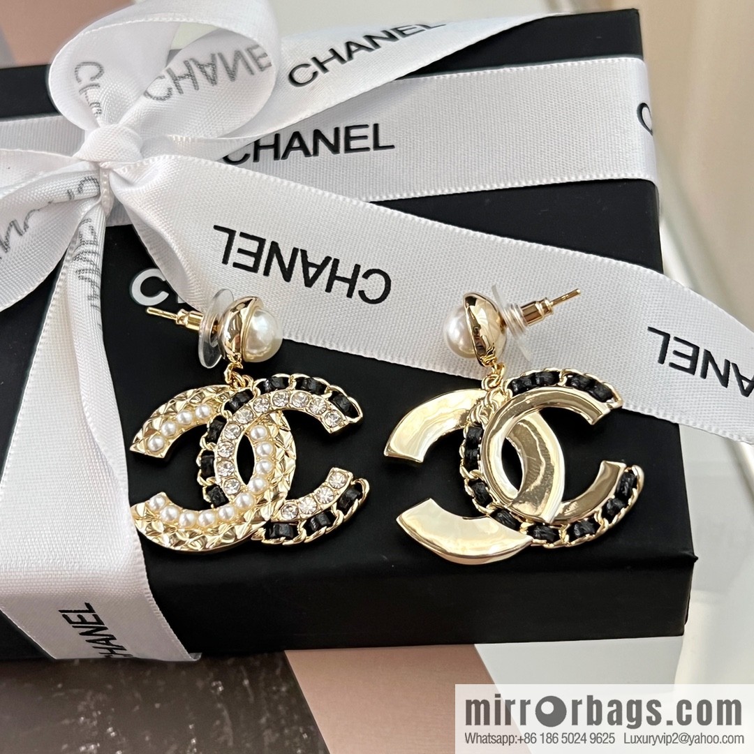 New ☑️ CHANEL Chanel c2 double c black leather rope pearl stud earrings