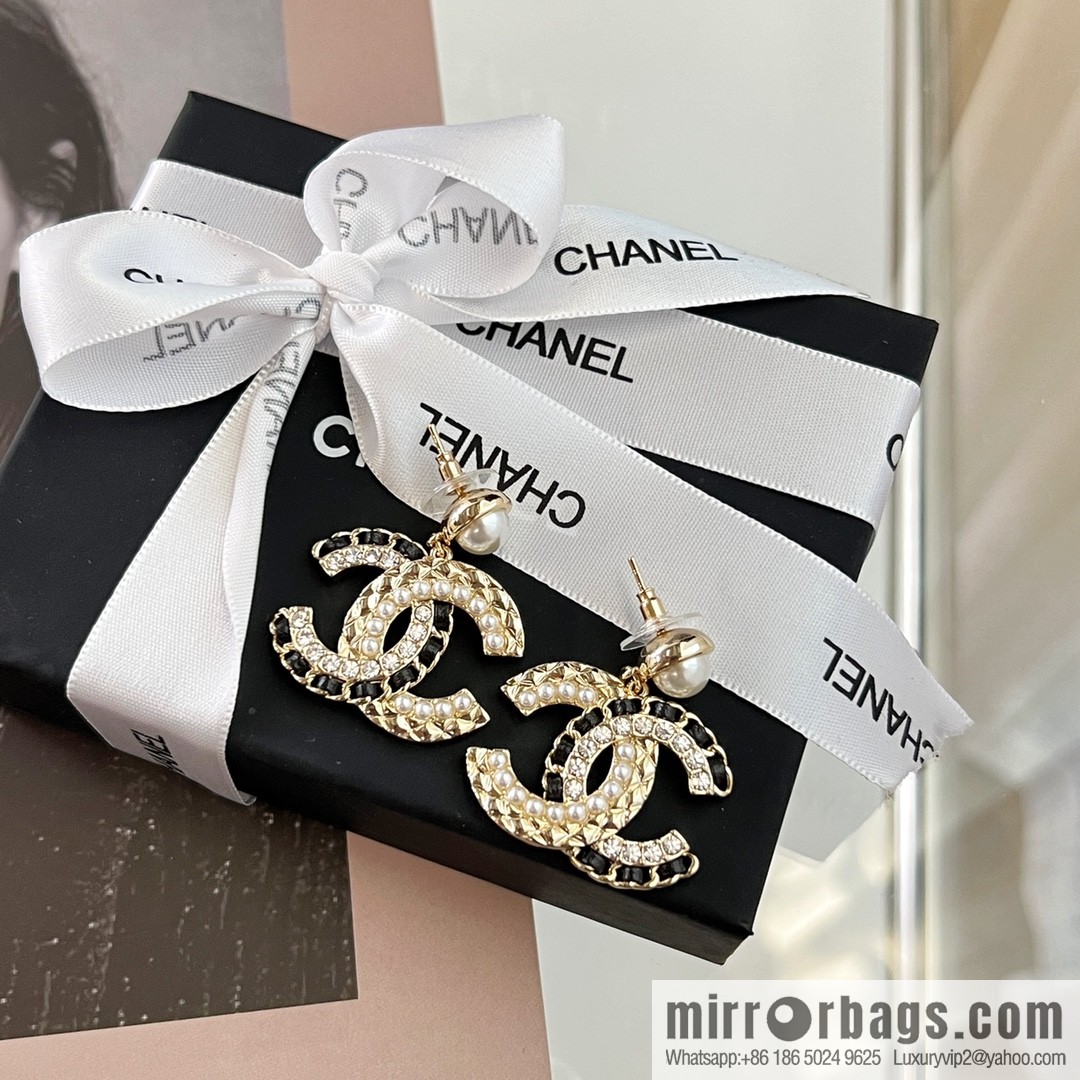 New ☑️ CHANEL Chanel c2 double c black leather rope pearl stud earrings