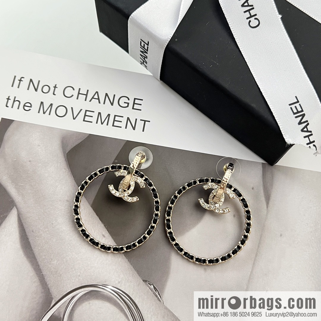 New ☑️ CHANEL Chanel double c black leather rope round stud earrings