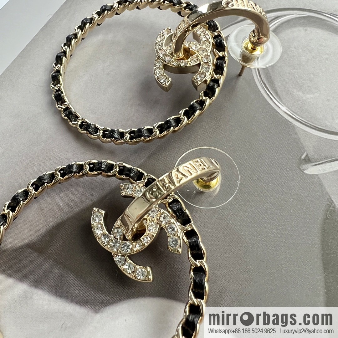 New ☑️ CHANEL Chanel double c black leather rope round stud earrings