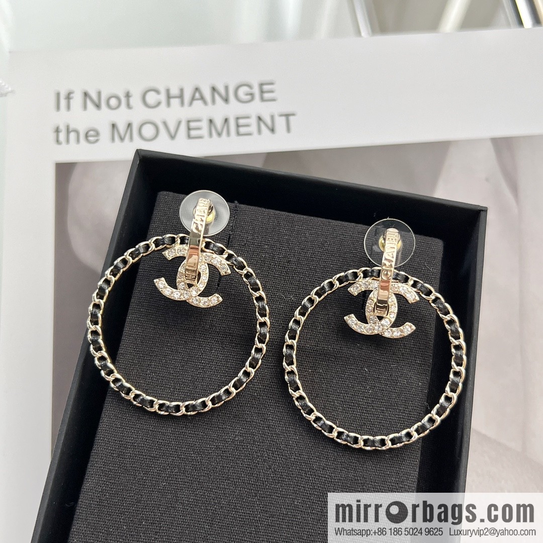 New ☑️ CHANEL Chanel double c black leather rope round stud earrings