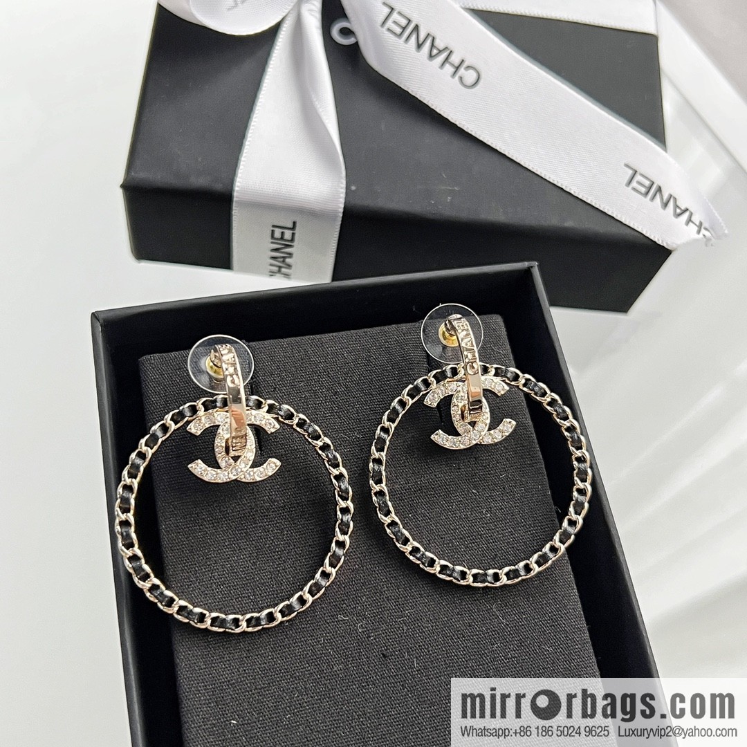New ☑️ CHANEL Chanel double c black leather rope round stud earrings