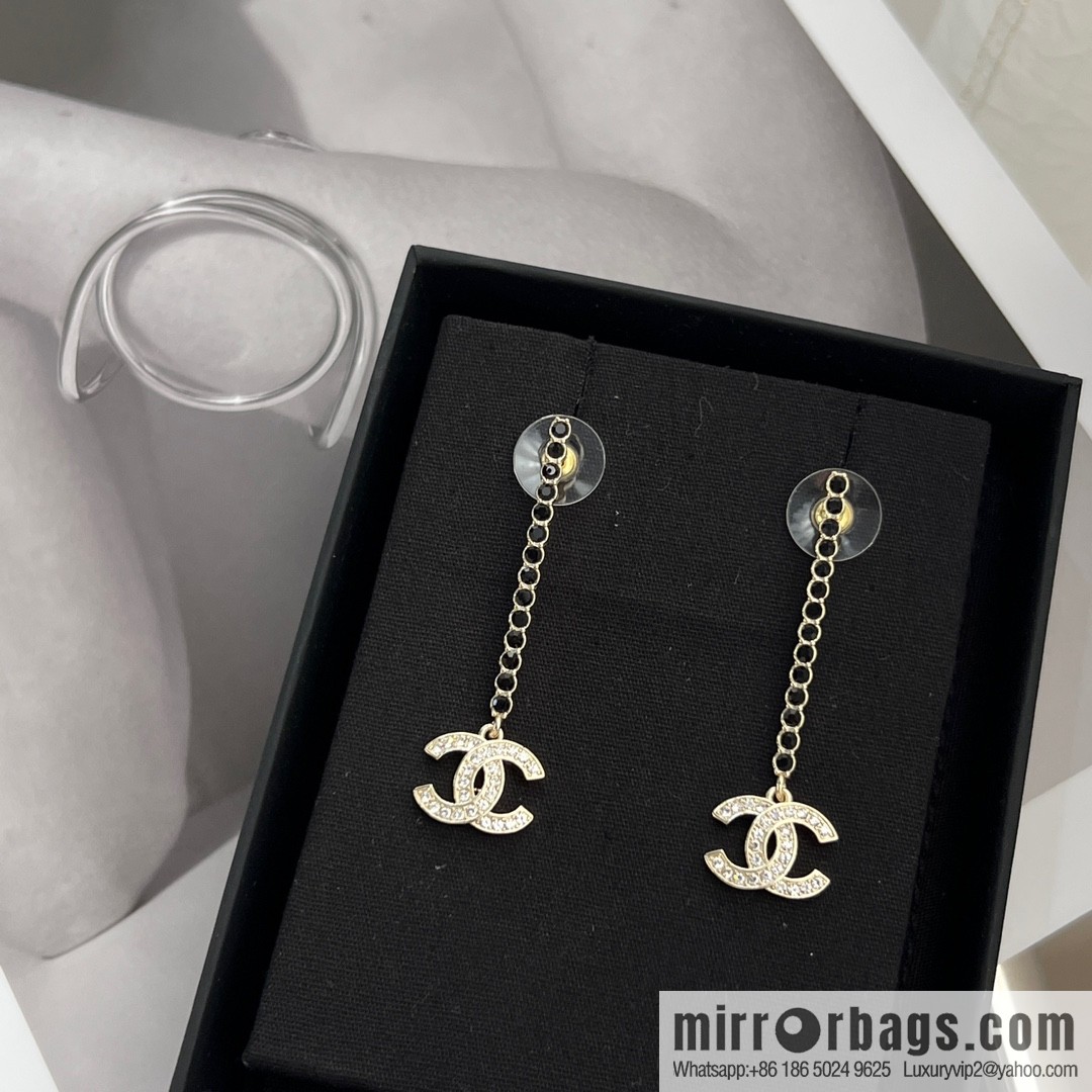 New ☑️ CHANEL Chanel c2 double c long black diamond stud earrings