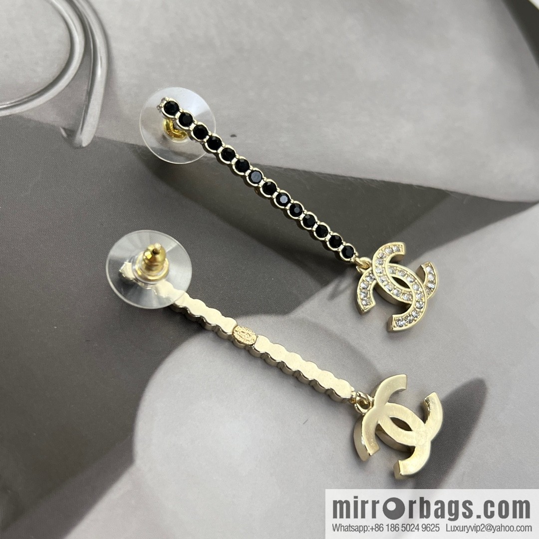 New ☑️ CHANEL Chanel c2 double c long black diamond stud earrings