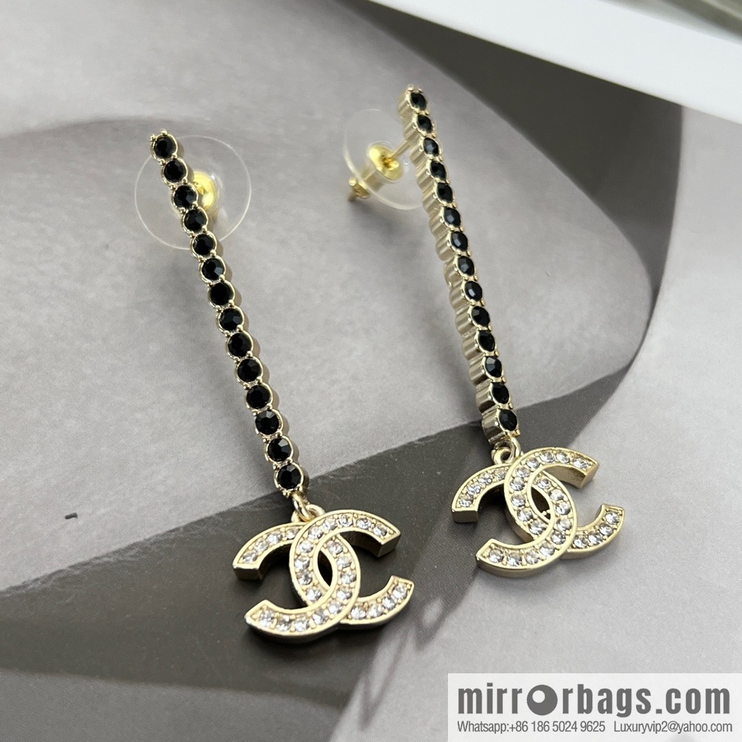 New ☑️ CHANEL Chanel c2 double c long black diamond stud earrings