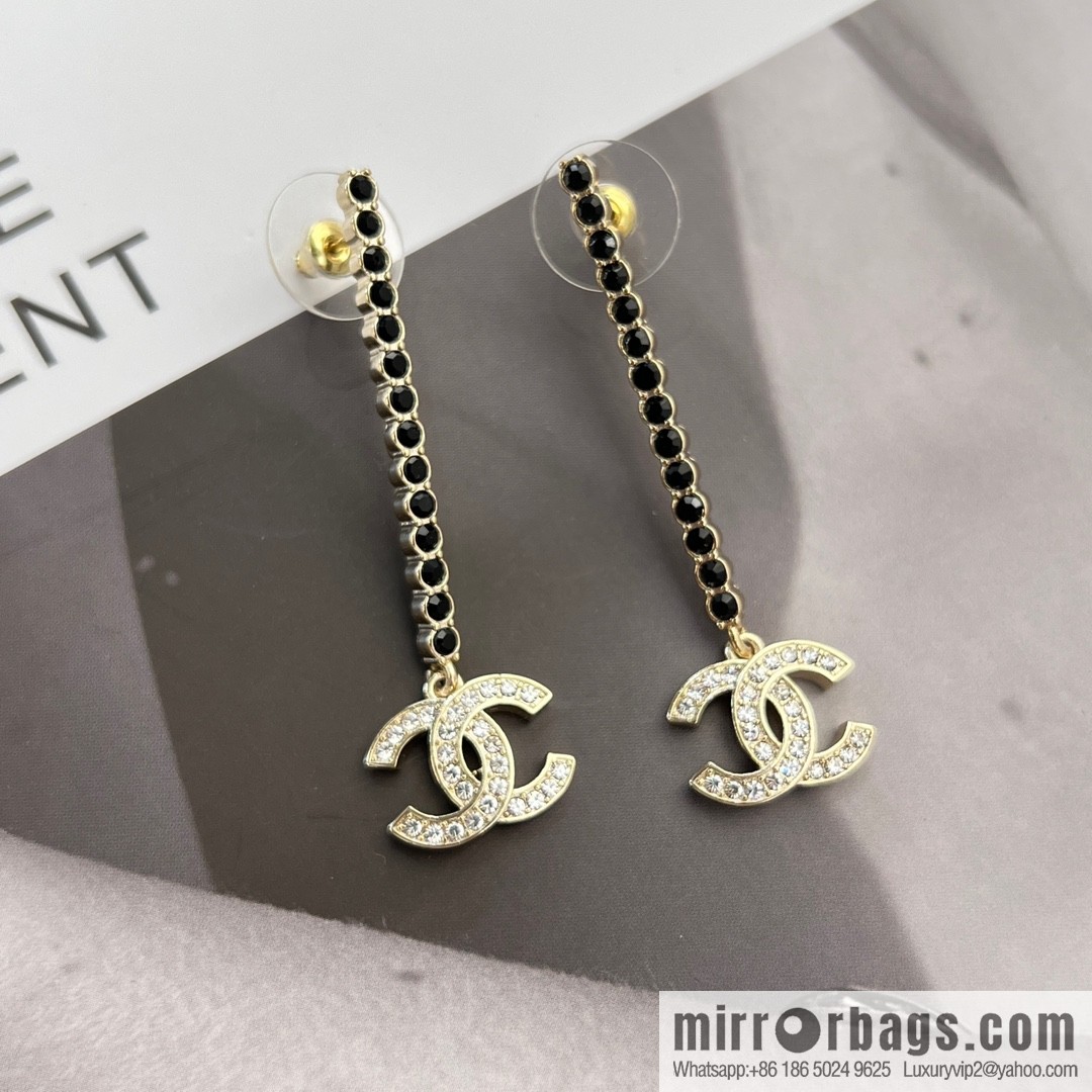 New ☑️ CHANEL Chanel c2 double c long black diamond stud earrings