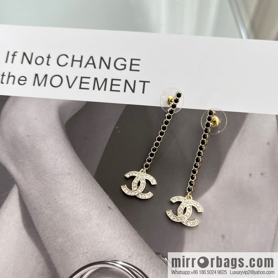 New ☑️ CHANEL Chanel c2 double c long black diamond stud earrings