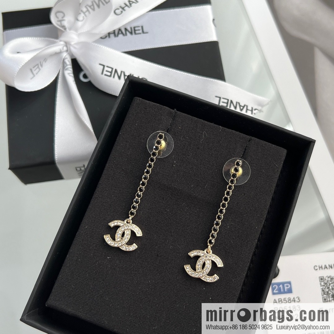 New ☑️ CHANEL Chanel c2 double c long black diamond stud earrings