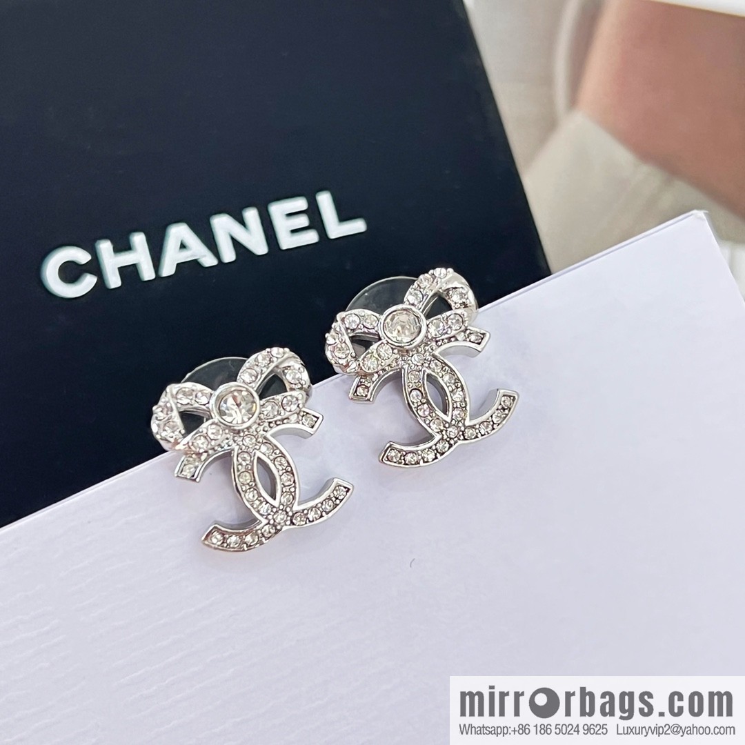 New ☑️ CHANEL Chanel double c full diamond bow stud earrings