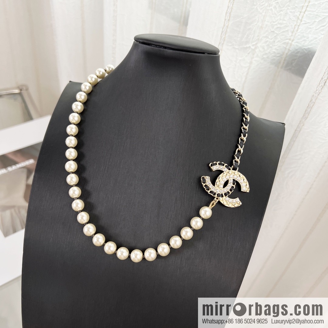 New ☑️ CHANEL Chanel Double C Black Leather Rope Pearl Necklace
