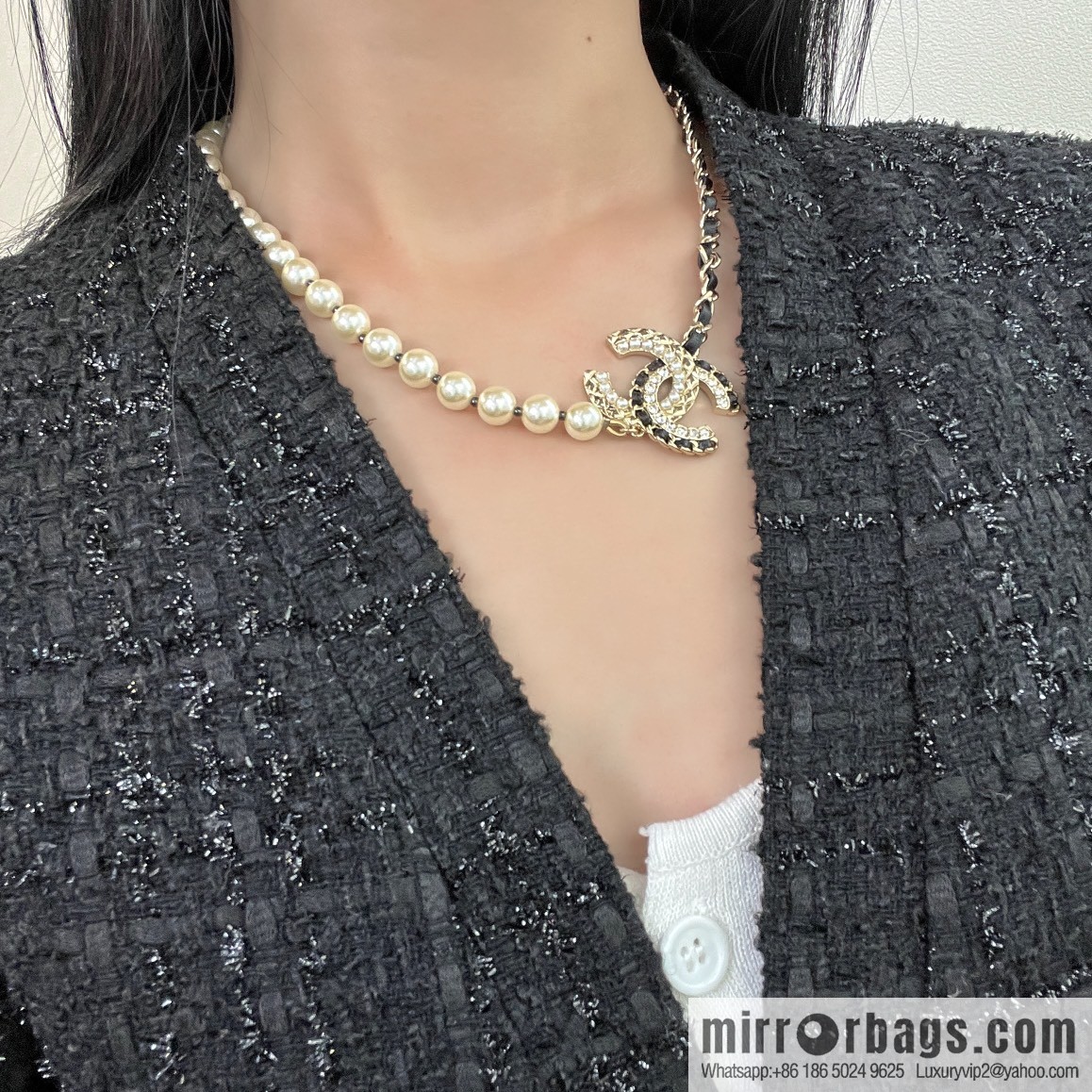 New ☑️ CHANEL Chanel Double C Black Leather Rope Pearl Necklace
