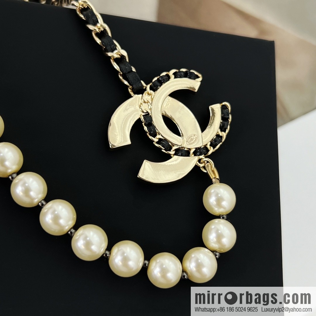 New ☑️ CHANEL Chanel Double C Black Leather Rope Pearl Necklace
