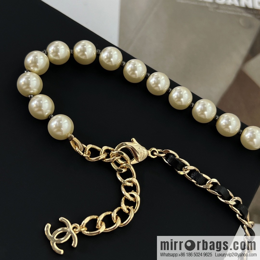 New ☑️ CHANEL Chanel Double C Black Leather Rope Pearl Necklace