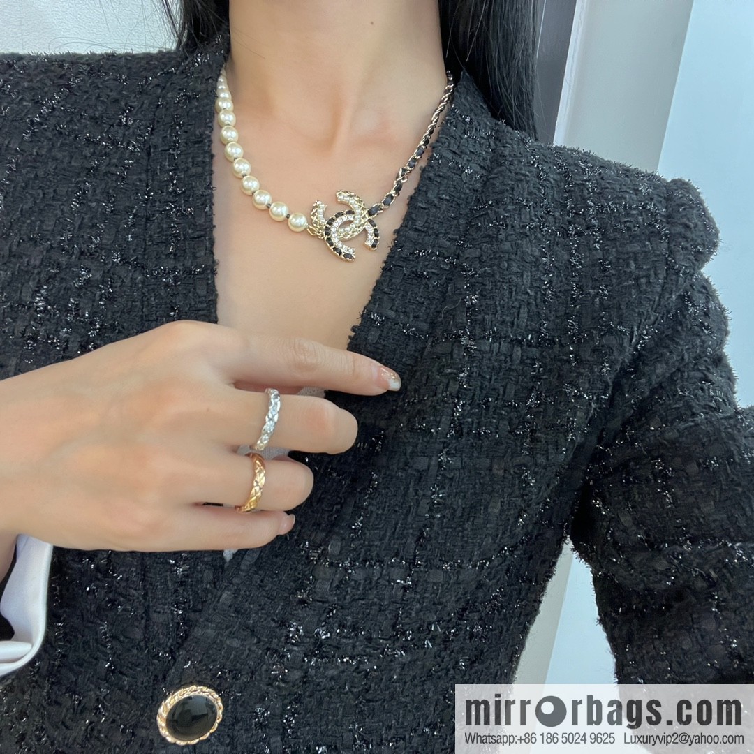 New ☑️ CHANEL Chanel Double C Black Leather Rope Pearl Necklace