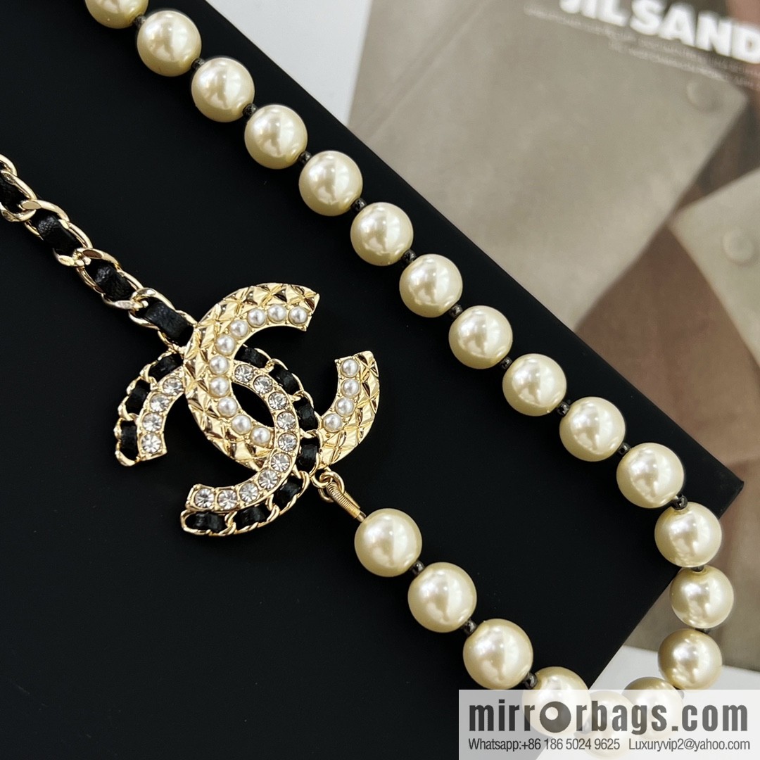 New ☑️ CHANEL Chanel Double C Black Leather Rope Pearl Necklace