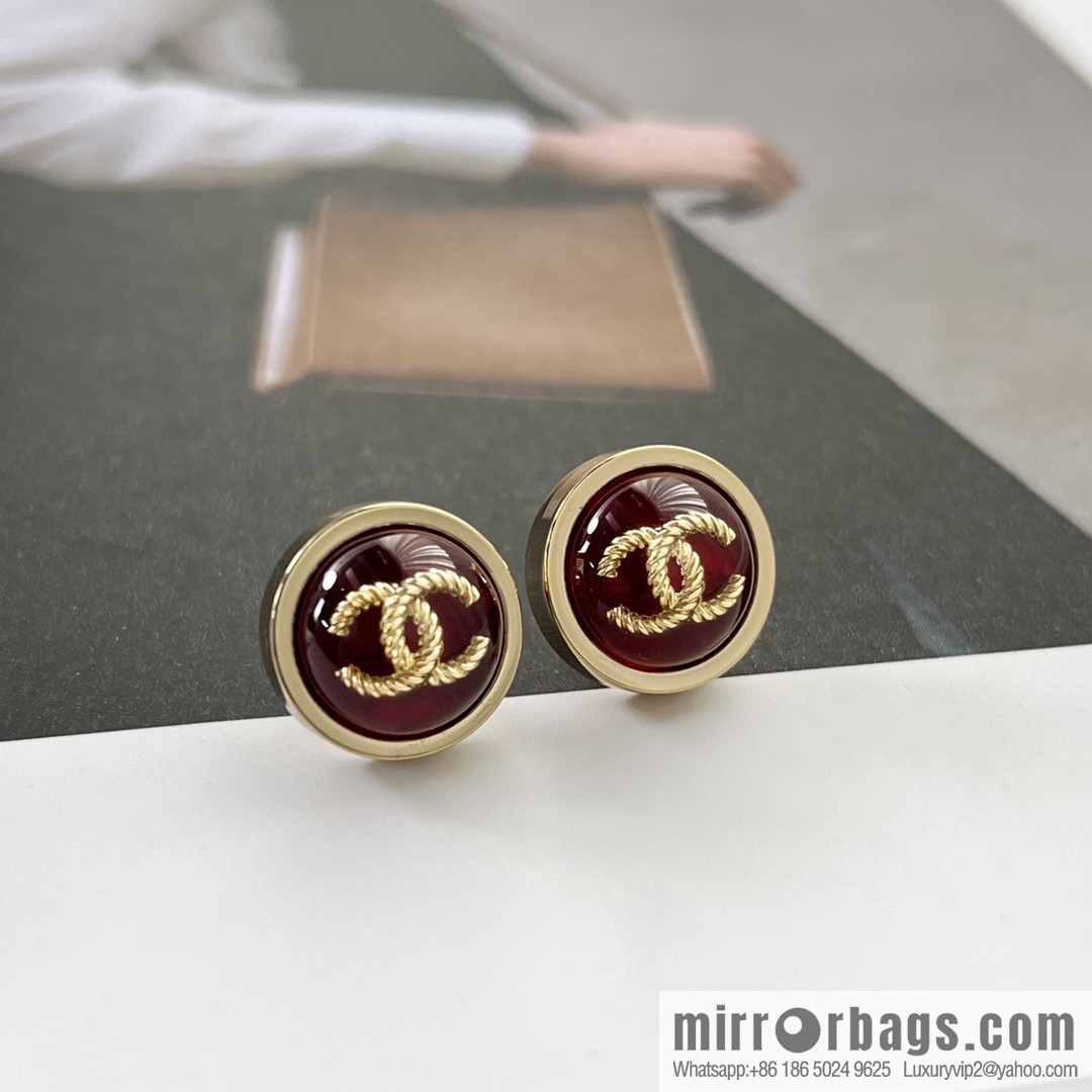 New ☑️ CHANEL Chanel double c round red stud earrings