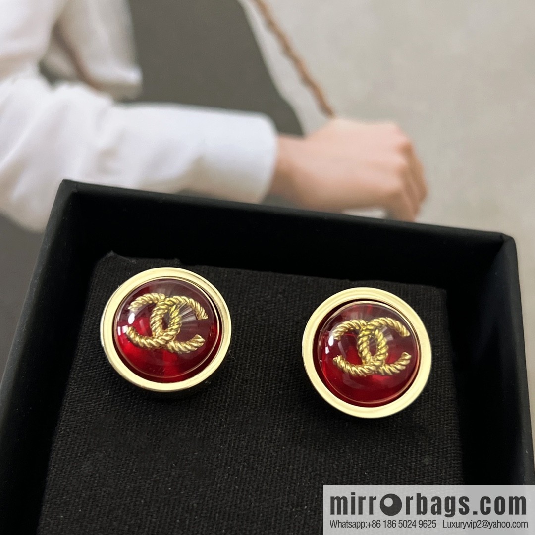 New ☑️ CHANEL Chanel double c round red stud earrings